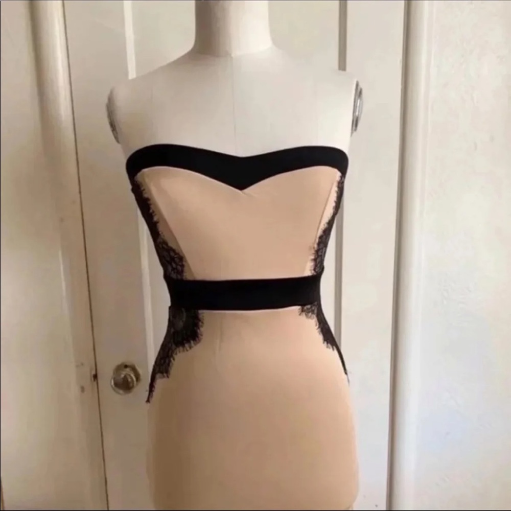 nude black lace strapless dress